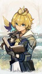 Rule 34 | 1boy, animal, animal on head, bird, bird on head, black gloves, blonde hair, blue eyes, book, brown hair, commentary, day, ear piercing, genshin impact, gloves, grass, hair between eyes, highres, holding, holding quill, hood, hooded jacket, jacket, looking at viewer, male focus, mika (genshin impact), multicolored hair, on head, open book, outdoors, parted lips, piercing, quill, solo, sparkle, tgf pic, tree