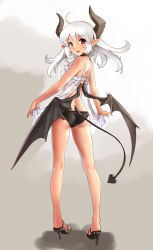 Rule 34 | 1girl, adjusting clothes, ahoge, ass, bare legs, bare shoulders, black panties, blush, chemise, choker, demon girl, demon tail, demon wings, floating hair, full body, high heels, horns, katahira masashi, kneepits, looking at viewer, looking back, open shoes, original, panties, pointy ears, red eyes, sandals, smile, solo, standing, tail, underwear, underwear only, white hair, wings