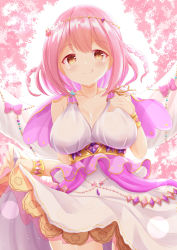 Rule 34 | 1girl, :q, bare shoulders, blush, braid, breasts, brown eyes, cleavage, closed mouth, collarbone, commentary request, dress, hand up, highres, hoshizaki akari, looking at viewer, medium breasts, ongeki, pink hair, skirt hold, sleeveless, sleeveless dress, smile, solo, tongue, tongue out, twin braids, white dress, xenon (for achieve)
