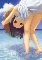 Rule 34 | 1girl, barefoot, bent over, cloud, day, dress, hairline, hat, highres, legs, looking back, original, outdoors, purple hair, rai32019, red eyes, short hair, sky, soaking feet, solo, straw hat, sun hat, sundress, upside-down, wading, water
