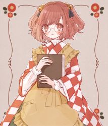Rule 34 | 1girl, apron, bell, blush, book, hugging book, checkered clothes, checkered shirt, glasses, hair bell, hair ornament, holding, holding book, japanese clothes, kimono, looking at viewer, motoori kosuzu, hugging object, red eyes, red hair, round eyewear, shirt, short hair, touhou, twintails, two side up, yellow apron, yujup