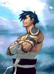 Rule 34 | 00s, 1boy, bandages, blue hair, bodypaint, crossed arms, day, from side, itou satoshi, kamina (ttgl), male focus, manly, muscular, outdoors, profile, realistic, sarashi, solo, tattoo, tengen toppa gurren lagann, topless male