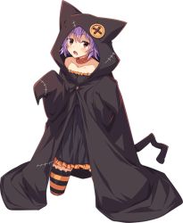 Rule 34 | 1girl, black cloak, cloak, collarbone, full body, halloween, halloween costume, hood, hooded cloak, kantai collection, kneeling, long sleeves, off shoulder, official alternate costume, official art, purple hair, red eyes, short hair, solo, striped clothes, striped thighhighs, tama (kancolle), thighhighs, transparent background, ugume