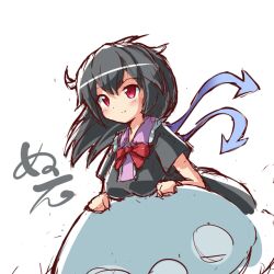 Rule 34 | 1girl, black dress, black hair, blue wings, blush, bow, bowtie, breasts, closed mouth, dress, houjuu nue, medium breasts, medium hair, red bow, red bowtie, red eyes, ryogo, short dress, short sleeves, simple background, sketch, smile, solo, touhou, ufo, white background, wings