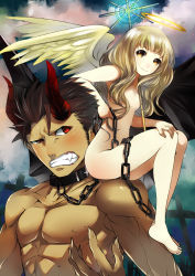 Rule 34 | 1boy, 1girl, abs, angel, angel and devil, angel wings, angry, annoyed, bad id, bad pixiv id, barefoot, bat wings, blonde hair, brown eyes, brown hair, censored, chair, collar, convenient censoring, demon, flat chest, hair censor, halo, height difference, highres, horns, long hair, muscular, nude, original, red eyes, topless male, short hair, sitting, sitting on shoulder, size difference, smile, tate (donnguriumai), tate (pixiv126212), wings