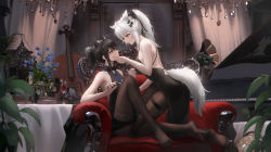 Rule 34 | 2girls, absurdres, alternate costume, alternate hairstyle, animal ears, arknights, bare shoulders, black dress, black pantyhose, blue flower, cello, chandelier, clothing cutout, couch, cup, dress, drinking glass, face grab, flower, hair ornament, hairclip, highres, indoors, infection monitor (arknights), instrument, lappland (arknights), ling dianxia, multiple girls, no shoes, pantyhose, plant, ponytail, potted plant, scar, scar across eye, sitting, sleeveless, sleeveless dress, spaghetti strap, tail, tail through clothes, texas (arknights), thigh strap, torn clothes, torn pantyhose, white hair, wine glass, wolf ears, wolf tail, yellow eyes