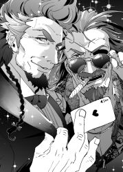 Rule 34 | 2boys, ace (playing card), ace of hearts, adjusting eyewear, alternate facial hair, bara, beard, bow, bowtie, eugen (granblue fantasy), eyepatch, facial hair, formal, goatee, granblue fantasy, greyscale, hair slicked back, hawaiian shirt, heart, karipaku, looking at viewer, male focus, mature male, medium hair, monochrome, multicolored hair, multiple boys, mustache, old, old man, pectoral cleavage, pectorals, playing card, ponytail, shirt, smile, sparkle, streaked hair, suit, sunglasses, thick eyebrows, upper body, wrinkled skin, yngwie
