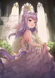 Rule 34 | 1girl, :d, animal ears, bare arms, bare shoulders, blush, braid, breasts, cake, commentary request, dress, floating hair, food, from side, gaaratelier, highres, horse ears, horse girl, horse tail, indoors, layered dress, long hair, looking at viewer, looking to the side, medium breasts, mejiro mcqueen (umamusume), open mouth, pleated dress, purple dress, purple eyes, purple hair, see-through, smile, solo, strapless, strapless dress, tail, umamusume, veil, wedding cake, wedding dress, white dress