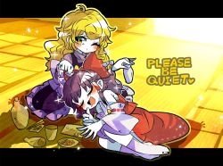 Rule 34 | 2girls, :d, blonde hair, blush, bow, braid, brown hair, choko (cup), chopsticks, closed eyes, commentary request, cup, cushion, detached sleeves, drooling, english text, full body, hair bow, hakurei reimu, holding, indoors, kirisame marisa, letterboxed, light, long hair, long sleeves, looking at viewer, lying, multiple girls, on side, one eye closed, open mouth, red bow, red skirt, shadow, side braid, single braid, skirt, skirt set, sleeping, smile, socks, sparkle, tatami, tokkuri, touhou, white bow, white legwear, wide sleeves, yellow eyes, yt (wai-tei), zabuton