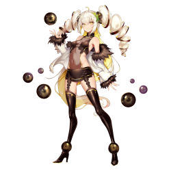 Rule 34 | 1girl, absurdres, ahoge, armpit crease, bare shoulders, black skirt, black thighhighs, blonde hair, blush, breasts, caviar, closed mouth, covered navel, cuisine dimension, floating, full body, fur trim, high heels, highres, jewelry, cuisine dimension, long hair, miniskirt, multicolored hair, navel, necklace, platinum blonde hair, see-through, shanyao jiang tororo, short eyebrows, simple background, skirt, solo, standing, thighhighs, twintails, white background, yellow eyes