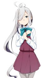 Rule 34 | 1girl, ahoge, asashimo (kancolle), cowboy shot, dress, grey eyes, hair over one eye, halterneck, kantai collection, long hair, looking at viewer, moti coi, pantyhose, pleated dress, ponytail, purple dress, purple pantyhose, school uniform, shirt, silver hair, simple background, solo, very long hair, white background, white shirt