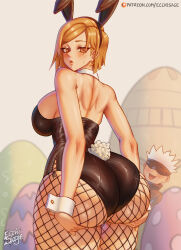 Rule 34 | 1boy, 1girl, animal ears, ass, ass grab, back, backless leotard, black leotard, breasts, curvy, ecchisage, fishnets, from behind, gojou satoru, grabbing own ass, hand on ass, hands on own ass, highres, huge ass, jujutsu kaisen, kugisaki nobara, large breasts, leotard, looking at viewer, looking back, orange eyes, orange hair, playboy bunny, rabbit ears, shiny clothes, shiny skin, short hair, standing, sweat, thick thighs, thighs, wide hips