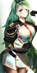 Rule 34 | 1girl, absurdres, azur lane, bad id, bad pixiv id, black gloves, blush, breasts, cape, cleavage, gloves, green cape, green hair, highres, italian flag, large breasts, littorio (azur lane), long hair, looking at viewer, lumda, medal, multicolored hair, pantyhose, red eyes, smile, solo, streaked hair