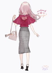 Rule 34 | 1girl, 2018, ankle strap, artist name, back cutout, bad id, bad pixiv id, bag, bracelet, clothing cutout, dated, from behind, full body, grey background, hand up, high heels, holding, holding bag, jewelry, july, lace, long hair, long skirt, original, pink hair, plaid, plaid skirt, red ribbon, red shirt, ribbon, ring, shirt, shoulder bag, signature, simple background, skirt, solo, walking, yua (tick-tack)