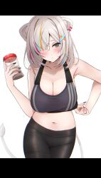 Rule 34 | 1girl, absurdres, animal ear piercing, animal ears, black eyes, black pants, black sports bra, blonde hair, blush, breasts, cleavage, closed mouth, commentary, cowboy shot, cup, grey hair, hair ornament, highres, holding, holding cup, hololive, large breasts, letterboxed, lion ears, lion girl, lion tail, looking at viewer, midriff, multicolored hair, navel, nerorigogo, official alternate costume, official alternate hair length, official alternate hairstyle, pants, pink hair, shishiro botan, shishiro botan (button-down), short hair, simple background, solo, sports bra, stomach, streaked hair, sweat, sweatdrop, symbol-only commentary, tail, tumbler, virtual youtuber, white background, x hair ornament, yoga pants