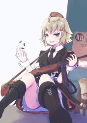 Rule 34 | 1girl, absurdres, armband, black jacket, black necktie, black socks, blonde hair, blue eyes, boots, brown bag, brown hat, bullet, camera, camera around neck, commentary request, commission, convenient leg, crossed bangs, foot out of frame, garrison cap, girls&#039; frontline, grin, gun, hair ornament, hairclip, hat, highres, holding, holding bullet, holding gun, holding weapon, jacket, kiyu es335, knee boots, kneehighs, logo, looking at viewer, military, military hat, military uniform, mp41, mp41 (girls&#039; frontline), necktie, pixiv commission, red armband, scroll tube, shirt, shoe soles, short hair, sitting, skirt, smile, socks, solo, submachine gun, uniform, weapon, white background, white shirt, white skirt, white wrist cuffs, wrist cuffs