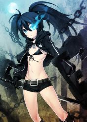 Rule 34 | 10s, 1girl, belt, bikini, bikini under clothes, black bikini, black gloves, black hair, black rock shooter, black rock shooter (character), blue eyes, chain, coat, flat chest, fuya (tempupupu), gloves, light trail, long hair, long sleeves, looking at viewer, navel, open clothes, open coat, ponytail, scar, short shorts, shorts, solo, swimsuit, sword, weapon