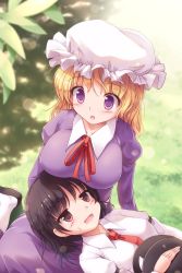 Rule 34 | 2girls, black hair, black hat, blonde hair, blush, breast envy, breast shadow, breasts, brown eyes, hat, highres, holding, holding clothes, holding hat, lap pillow, large breasts, long hair, looking at another, lzh, maribel hearn, mob cap, multiple girls, open mouth, purple eyes, red ribbon, ribbon, shadow, short hair, smile, touhou, unworn hat, unworn headwear, usami renko