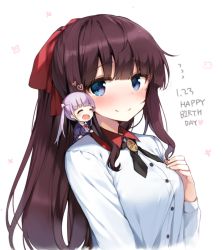 Rule 34 | 10s, 2girls, :d, ^ ^, bad id, bad pixiv id, black ribbon, blouse, blue eyes, blunt bangs, blush, breasts, brown hair, chibi, closed eyes, closed mouth, collared shirt, dated, flying sweatdrops, formal, hair ribbon, hand on own chest, happy birthday, large breasts, long hair, looking at another, multiple girls, new game!, on shoulder, open mouth, purple hair, red ribbon, red shirt, ribbon, shirt, shnva, simple background, smile, solo focus, suit, suzukaze aoba, takimoto hifumi, upper body, white background, white shirt