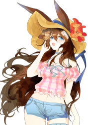 Rule 34 | 1girl, :d, amiya (arknights), animal ears, arknights, blue choker, blue eyes, blue shorts, blush, breasts, brown hair, brown hat, choker, commentary, cowboy shot, denim, denim shorts, ears through headwear, flower, hair between eyes, hand in own hair, hat, hat flower, indai (3330425), long hair, looking at viewer, medium breasts, midriff, navel, off-shoulder shirt, off shoulder, official alternate costume, open mouth, pink shirt, plaid, plaid shirt, rabbit ears, shirt, short shorts, shorts, side slit, simple background, skindentation, smile, solo, standing, sun hat, thighlet, wavy hair, white background