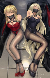Rule 34 | 2girls, absurdres, armbinder, arms behind back, artoria pendragon (fate), artoria pendragon (lancer alter) (fate), bag, bare shoulders, bdsm, black footwear, black legwear, black leotard, blonde hair, bondage, bound, bound ankles, braid, breasts, cleavage, collarbone, crown braid, cum, cum on body, cum on breasts, cum on clothes, cum on hair, cum on upper body, facial, fate/grand order, fate (series), female focus, forced orgasm, from above, full body, gag, gagged, half-closed eyes, harness, high heels, highres, hitachi magic wand, jeanne d&#039;arc (fate), jeanne d&#039;arc alter (avenger) (fate), jeanne d&#039;arc alter (fate), legs together, leotard, long hair, looking at viewer, lying, medium breasts, motion blur, multiple girls, on back, on floor, pantyhose, pick&#039;k, pumps, red footwear, red leotard, rolling eyes, sex toy, shoes, short hair, sitting, strapless, strapless leotard, very long hair, vibrator, yellow eyes