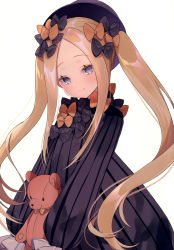 Rule 34 | 1girl, abigail williams (fate), absurdres, black bow, black dress, black hat, blonde hair, blue eyes, bow, breasts, dress, fate/grand order, fate (series), forehead, hair bow, hat, highres, long hair, long sleeves, multiple hair bows, orange bow, parted bangs, polka dot, polka dot bow, ribbed dress, sleeves past fingers, sleeves past wrists, small breasts, stuffed animal, stuffed toy, suzuho hotaru, teddy bear, third-party source