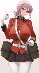 Rule 34 | 1girl, absurdres, belt, black ribbon, black skirt, braid, breasts, closed mouth, cowboy shot, fate/grand order, fate (series), florence nightingale (fate), folded ponytail, gloves, head tilt, highres, jacket, large breasts, long hair, low-tied long hair, military jacket, miniskirt, pantyhose, pigone, pink hair, pleated skirt, pouch, red eyes, red jacket, ribbon, skirt, solo, strap, syringe, white background, white belt, white gloves, white pantyhose