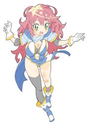 Rule 34 | 1girl, :d, absurdres, asymmetrical legwear, bad id, bad twitter id, blue dress, blue footwear, blush, boots, breasts, cleavage, clothing cutout, copyright request, donguri suzume, dress, full body, gloves, green eyes, grey legwear, hands up, highres, large breasts, looking at viewer, navel cutout, open mouth, pelvic curtain, red hair, round teeth, simple background, sleeves past elbows, smile, solo, standing, star-shaped pupils, star (symbol), symbol-shaped pupils, teeth, uneven legwear, white background, white gloves