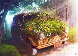 Rule 34 | abandoned, animal, bird, car, commentary request, day, fence, flower, mini cooper, mocha (cotton), motor vehicle, no humans, original, outdoors, overgrown, purple flower, rust, scenery, signature, sunlight, tree, vehicle focus, vehicle request, white flower, wooden fence
