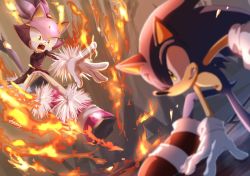 Rule 34 | 1boy, 1girl, arm support, battle, blaze the cat, blurry, clenched teeth, dress, fire, furry, furry female, furry male, gloves, one eye closed, open mouth, purple dress, shoes, sneakers, sonic (series), sonic rush, sonic the hedgehog, tail, teeth, tondamanuke, white gloves, yellow eyes