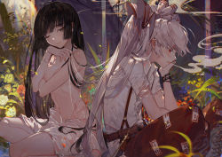 Rule 34 | 2girls, black hair, blouse, boots, cigarette, clothed female nude female, collared shirt, copyright name, covering breasts, covering privates, cross-laced footwear, fujiwara no mokou, half-closed eyes, head rest, houraisan kaguya, kawacy, lace-up boots, long hair, multiple girls, navel, nude, plant, shirt, silver hair, sitting, smile, smoke, smoking, stomach, topless, touhou, very long hair, wet, white shirt