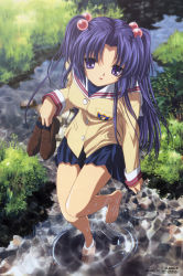 Rule 34 | 00s, 1girl, absurdres, barefoot, blue hair, clannad, feet, grass, hair bobbles, hair ornament, highres, holding, holding shoes, ichinose kotomi, ikeda kazumi, loafers, long hair, official art, school uniform, shoes, sitting, soaking feet, solo, two side up, water