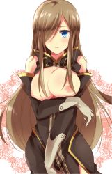 Rule 34 | 00s, 1girl, bare shoulders, blue eyes, blush, breasts, brown hair, detached sleeves, tales of (series), tales of the abyss, tear grants