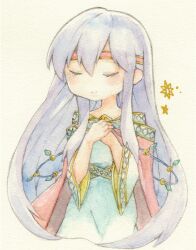 Rule 34 | 1girl, 7mmnote, blush, circlet, closed eyes, dress, fire emblem, fire emblem: genealogy of the holy war, hands on own chest, highres, julia (fire emblem), long hair, nintendo, purple hair, simple background, smile, solo, traditional media