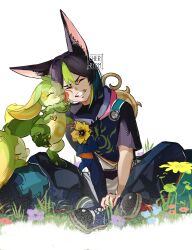 1boy ^_^ animal_ear_fluff animal_ears artist_name asymmetrical_sleeves black_hair black_pants blue_flower blue_footwear blue_pants blunt_ends boots capri_pants claws closed_eyes closed_mouth commentary cross-laced_footwear drawstring english_commentary flower fox_ears genshin_impact grass green_hair grin hair_between_eyes highres hood hood_down hoodie lace-up_boots licking licking_another&#039;s_cheek licking_another&#039;s_face long_sleeves male_focus multicolored_clothes multicolored_hair multicolored_pants pants purple_flower red_flower ryrmcher short_hair short_sleeves simple_background sitting smile solo streaked_hair teeth tighnari_(genshin_impact) tongue tongue_out uneven_sleeves v_arms watermark white_background yellow_flower yumkasaurus_(genshin_impact)