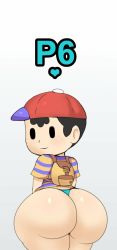 Rule 34 | ass, backpack, bag, baseball cap, blue panties, blush, cropped, game, hat, highres, huge ass, looking at viewer, looking back, male focus, mother (game), mother 2, ness (mother 2), nintendo, panties, shirt, striped clothes, striped shirt, underwear, video game, white background, zeriie