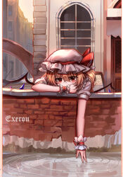 Rule 34 | 1girl, absurdres, arm support, blonde hair, building, commentary, crystal, english commentary, flandre scarlet, hat, hat ribbon, highres, mob cap, one side up, outdoors, red eyes, red ribbon, ribbon, solo, top-exerou, touhou, white hat, wings, wrist cuffs