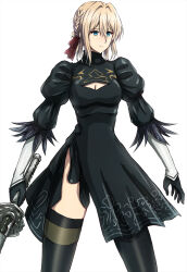 Rule 34 | 1girl, black dress, black gloves, black thighhighs, blonde hair, blue eyes, braid, breasts, cleavage cutout, closed mouth, clothing cutout, commentary request, cosplay, dress, gloves, hair ribbon, highres, holding, holding sword, holding weapon, ishikawa yui, looking away, medium breasts, nier:automata, nier (series), omachi (slabco), red ribbon, ribbon, short hair, simple background, solo, sword, thighhighs, thighs, violet evergarden, violet evergarden (series), voice actor connection, weapon, white background, 2b (nier:automata), 2b (nier:automata) (cosplay), zettai ryouiki
