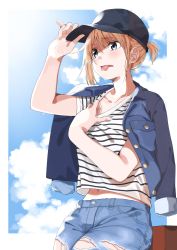 Rule 34 | 1girl, absurdres, amu (258shin), black hat, blue sky, blush, clothes pull, cloud, collarbone, commentary request, cutoffs, day, denim, denim jacket, denim shorts, hand on headwear, hand up, hat, highres, jacket, jacket on shoulders, leaning back, legs together, looking to the side, open mouth, original, outdoors, outside border, pale skin, shirt, shirt pull, short hair, short ponytail, short sleeves, shorts, sky, solo, standing, striped clothes, striped shirt, sweat, t-shirt, tongue, tongue out