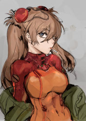 Rule 34 | 1girl, blue eyes, bodysuit, breasts, brown hair, cigarette, covered navel, green jacket, grey background, hair between eyes, highres, hiranko, interface headset, jacket, large breasts, long hair, looking at viewer, mouth hold, neon genesis evangelion, off shoulder, plugsuit, red bodysuit, see-through, simple background, sketch, skin tight, smoking, solo, souryuu asuka langley, test plugsuit, twintails, two side up, upper body