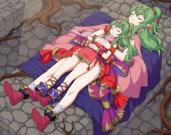 Rule 34 | 2girls, blanket, cape, dual persona, fire emblem, fire emblem: mystery of the emblem, fire emblem awakening, green hair, highres, hug, igni tion, in-franchise crossover, lying, multiple girls, nintendo, on back, red footwear, sleeping, sleeping on person, smile, sunlight, tiara, tiki (adult) (fire emblem), tiki (fire emblem), tiki (young) (fire emblem)