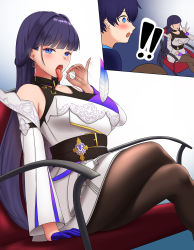 Rule 34 | !, !!, 1boy, 1girl, 1nilla&#039;, absurdres, adam (honkai impact), arm support, ascot, belt, black ascot, blue eyes, blue gloves, blunt bangs, blush, breasts, brown pantyhose, chair, crossed legs, detached sleeves, dress, earrings, emblem, feathers, fellatio gesture, gloves, handjob gesture, highres, honkai (series), honkai impact 3rd, jewelry, large breasts, long hair, long sleeves, looking at another, looking at viewer, miniskirt, open mouth, oral invitation, pantyhose, pleated dress, purple eyes, purple hair, raiden mei, raiden mei (apho), sexually suggestive, single glove, sitting, skirt, solo focus, speech bubble, tongue, tongue out, very long hair, white dress, white skirt