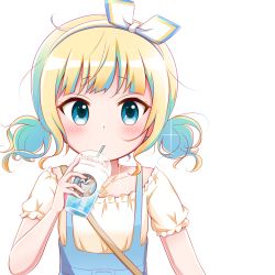 Rule 34 | 1girl, blonde hair, blue eyes, blue hair, blue skirt, collarbone, cup, disposable cup, drinking straw, gochuumon wa usagi desu ka?, goth risuto, hairband, holding, holding cup, jewelry, kirima syaro, low twintails, multicolored hair, pendant, shirt, short sleeves, simple background, skirt, solo, suspender skirt, suspenders, twintails, two-tone hair, upper body, white background, white hairband, white shirt