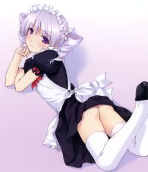 Rule 34 | 1girl, apron, ass, blush, clothes lift, drill hair, hairband, highres, long hair, looking back, lying, maid, maid apron, maid headdress, no panties, on stomach, ooji, original, purple eyes, purple hair, ribbon, skirt, skirt lift, smile, solo, thighhighs, twintails, white thighhighs