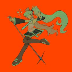 Rule 34 | 1girl, aqua eyes, aqua hair, aqua necktie, beamed eighth notes, black skirt, black sleeves, black thighhighs, commentary, detached sleeves, eighth note, english commentary, full body, hatsune miku, headset, highres, holding, holding microphone, leg up, long hair, looking at viewer, meltinii, microphone, microphone stand, musical note, necktie, orange background, pleated skirt, project diva (series), project diva mega39&#039;s, simple background, skirt, smile, solo, standing, standing on one leg, star (symbol), thighhighs, twintails, very long hair, vocaloid