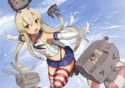 Rule 34 | 10s, 1girl, :d, anchor hair ornament, bare shoulders, black panties, blonde hair, blue skirt, ccaw, crop top, elbow gloves, gloves, grey eyes, hair ornament, hairband, highleg, highleg panties, highres, kantai collection, leg up, lifebuoy, long hair, looking at viewer, machinery, microskirt, midriff, on head, open mouth, outstretched arms, panties, pointing, rensouhou-chan, sailor collar, shimakaze (kancolle), skirt, smile, spread arms, striped clothes, striped thighhighs, swim ring, thighhighs, underwear, white gloves