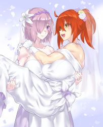 Rule 34 | 2girls, ahoge, bare shoulders, breasts, bridal veil, bride, carrying, detached sleeves, dress, fate/grand order, fate (series), female focus, flower, formal, fujimaru ritsuka (female), gloves, hair over one eye, highres, large breasts, light purple hair, mash kyrielight, mizuumi (bb), multiple girls, open mouth, orange eyes, orange hair, princess carry, purple eyes, rose, short hair, side ponytail, smile, strapless, strapless dress, veil, wedding, wedding dress, white dress, white gloves, wife and wife, yuri