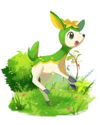 Rule 34 | :d, animal focus, bush, commentary, creatures (company), deerling, from side, full body, game freak, gen 5 pokemon, grass, green eyes, happy, highres, horezai, nintendo, open mouth, pokemon, smile, tongue, white background