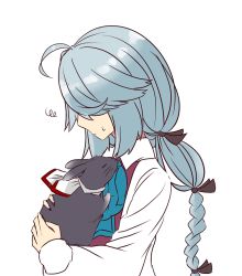 Rule 34 | 1girl, ahoge, animalization, aqua bow, aqua bowtie, artist request, black ribbon, bow, bowtie, braid, carrying, closed eyes, closed mouth, collared shirt, commentary request, dress, from side, fujinami (kancolle), grey hair, hair over eyes, hair ribbon, hamanami (kancolle), kantai collection, long hair, long sleeves, multi-tied hair, purple dress, rabbit, ribbon, school uniform, shirt, simple background, single braid, sleeveless, sleeveless dress, squiggle, sweat, upper body, white background, white shirt