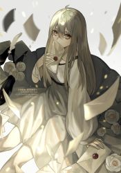Rule 34 | 1girl, ahoge, artist name, asymmetrical sleeves, bad id, bad pixiv id, bandages, blurry, blurry background, commission, covered mouth, dress, envelope, feathers, flower, flying paper, grey background, grey eyes, grey hair, hair between eyes, hand up, highres, holding, holding envelope, holding paper, long hair, long sleeves, looking at viewer, mismatched sleeves, original, paper, puffy sleeves, saika ryougi, sidelocks, sitting, solo, thighs, white dress